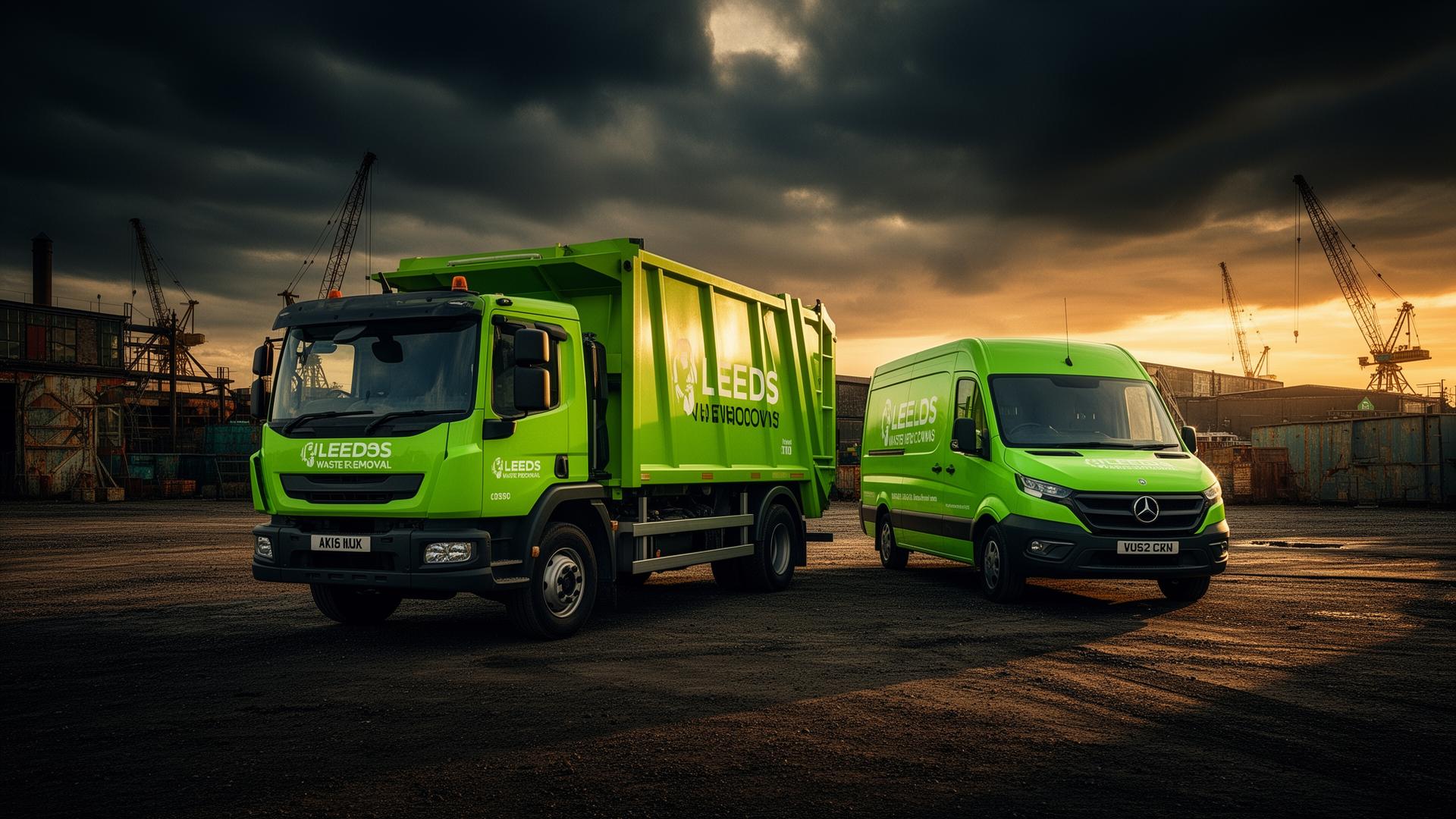 JCOM Commercials Waste Removal trucks parked at industrial site in Leeds